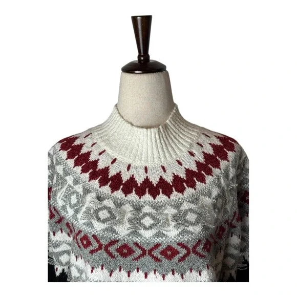 J Jill Sweater Women Medium Petite Black‎ Ivory Fair Isle Nordic Knit Mock Neck - Picture 4 of 12